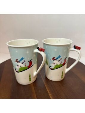 Starbucks 2011 Winter Holiday Skiing Mugs Set of 2 Bone China Snowflake Cups